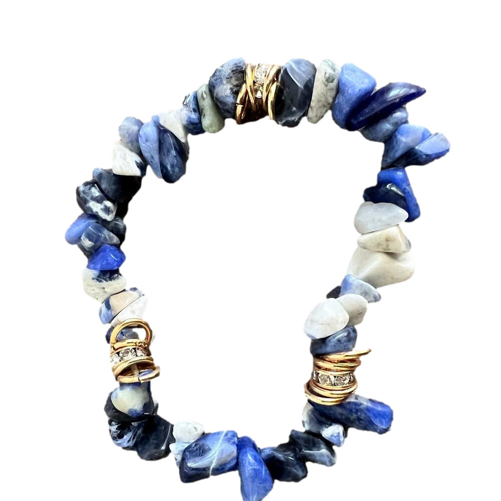 🍭6/$30 Multishade blue stone and rhinestone studded gold charm stretch bracelet